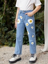 SHEIN Girls High Waist Floral Print Straight Leg Jeans  SHEIN USA at Shein