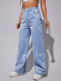 SHEIN High Waist Heart Print Wide Leg Jeans  SHEIN USA at Shein