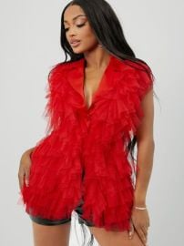 SHEIN SXY Satin Ruffled Tulle Notched Lapel Longline Vest Blazer  SHEIN USA at Shein