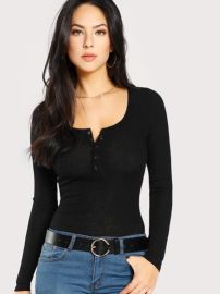 SHEIN Scoop Neck Rib Henley Shirt  SHEIN USA at Shein