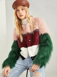 SHEIN Zip Up Color Block Faux Fur Teddy Coat at Shein