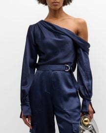 SIMKHAI Alice Draped Satin One-Shoulder Top at Neiman Marcus