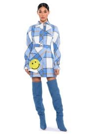 SMILEY EMBELLISHED PATCH FLANNEL TRENCH MINI DRESS in blue multi at Akira