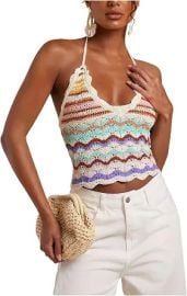 SOLY HUX Women's Colorblock Striped Crochet Knit Halter Tie Backless Tops | Scallop Trim Sleeveless Beach Summer Casual Top at Amazon