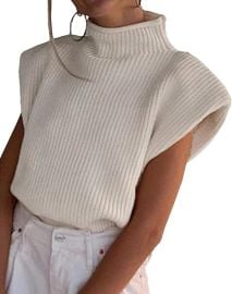 SOMTHRON Women's Turtleneck Sweater Vest Shoulder Pad Sleeveless Casual Solid Knitted Winter Tank Pullover Tops at Amazon