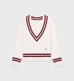 SRC Cableknit V-Neck Sweater - Off WhiteMerlot Sporty amp Rich at Sporty and Rich