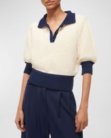 STAUD Altea Two-Tone Waffle-Knit Short-Sleeve Polo Sweater at Neiman Marcus