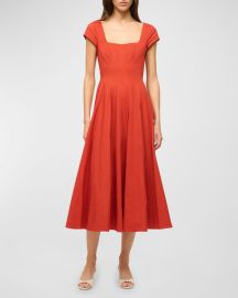 STAUD Wells Short-Sleeve Cotton Poplin Midi Dress at Neiman Marcus