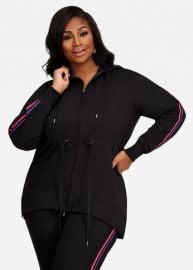 STRIPED SLEEVE ANORAK ZIP HOODIE BLACK at Ashley Stewart