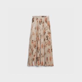 SUN-PLEATED SKIRT IN SILK LAM - BeigeBrunKhaki  CELINE at Celine