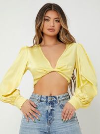 SXY Lantern Sleeve Twist Front Satin Crop Top USA at Shein