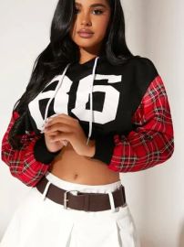 SXY Letter Graphic Tartan Panel Drawstring Hoodie USA at Shein