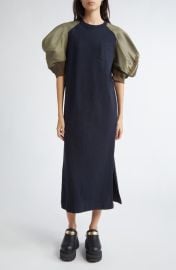 Sacai Puff Sleeve Cotton Jersey & Nylon Twill Dress at Nordstrom