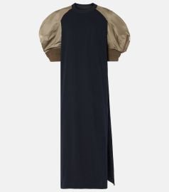 Sacai Puff Sleeve Cotton Jersey Nylon Twill Dress in Navy x Taupe at Mytheresa