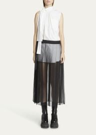 Sacai Tie Neck Blouse Midi Dress with Sheer Skirt Overlay at Bergdorf Goodman