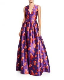 Sachin  amp  Babi Brook Floral V-Neck Sleeveless Twill Ball Gown at Neiman Marcus