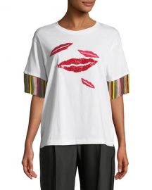 WornOnTV: Erin’s white lip print tee with fringe sleeves on Live from E ...