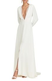 Sachin Babi Brit Crystal Plunge Neck Long Sleeve Gown in Off White  at Nordstrom