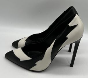 Saint Laurent Black/White Leather 'Janis Flash' Pointed Toe Pump sz 36.5 at eBay