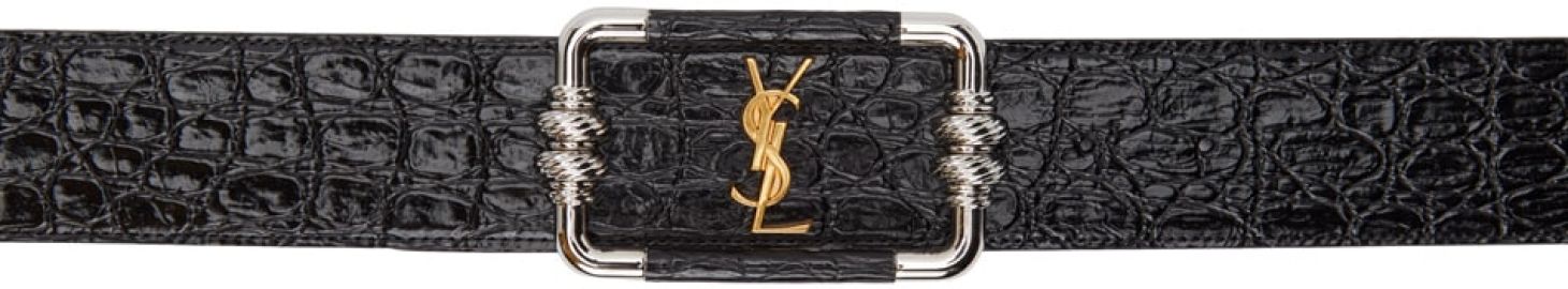 Saint Laurent Black Croc Vintage Logo Belt at ssense