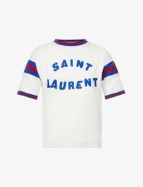 Saint Laurent Brand print crewneck cotton blend T shirt at Selfridges