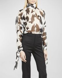 Saint Laurent Butterfly Print Turtleneck Chiffon Blouse at Neiman Marcus