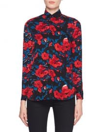 Saint Laurent Button-Front Floral-Jacquard Silk Classic Blouse at Neiman Marcus