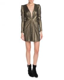 Saint Laurent Deep-V Long-Sleeve Gathered Metallic Silk Cocktail Dress at Neiman Marcus