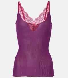 Saint Laurent Lace trimmed ribbed silk tank at Mytheresa