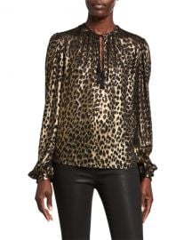 Saint Laurent Leopard-Print Long-Sleeve V-Neck Blouse at Neiman Marcus