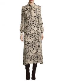 Saint Laurent Long-Sleeve Tie-Neck Floral-Print Shirtdress  Black Vanilla at Neiman Marcus