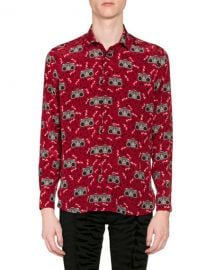 Saint Laurent Men  x27 s Radio-Print Long-Sleeve Silk Sport Shirt at Neiman Marcus