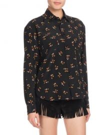 Saint Laurent Mickey Mouse Button-Front Long-Sleeve Silk Classic at Neiman Marcus