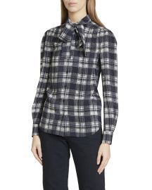 Saint Laurent Plaid Neck-Tie Silk Blouse at Neiman Marcus