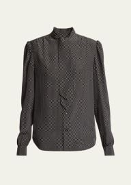 Saint Laurent Polka Dot Tie-Neck Button Down Silk Blouse - at Bergdorf Goodman