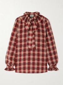Saint Laurent Pussy bow ruched checked silk blouse at Net a Porter