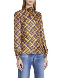 Saint Laurent Retro Diamond-Printed Silk Blouse at Neiman Marcus