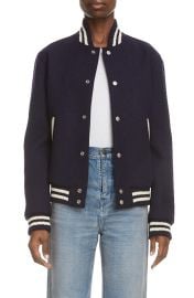 Saint Laurent Teddy Logo Patch Wool Blend Bomber Jacket in Encre at Nordstrom