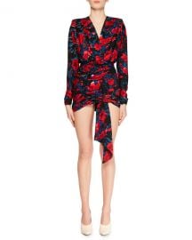 Saint Laurent V-Neck Long-Sleeve Tie-Front Ruched-Bottom Rose-Print Silk Mini Dress at Neiman Marcus