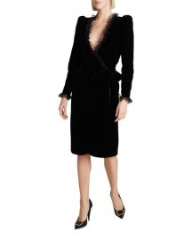 Saint Laurent Velvet Lace-Trim Tie-Waist Wrap Dress at Neiman Marcus