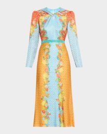 Saloni Claudia Floral Silk Long-Sleeve Fluted Midi Dress at Neiman Marcus