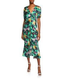 Saloni Eden Front-Slit Silk Floral Midi Dress at Neiman Marcus