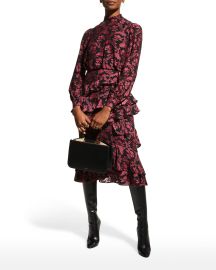 Saloni Isa Mock-Neck Floral-Print Silk Midi Dress at Neiman Marcus