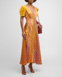 Saloni Lea Printed Long Dress at Neiman Marcus