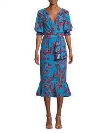 Saloni Olivia Velvet Burnout Midi Flounce Dress at Neiman Marcus