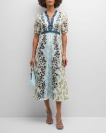 Saloni Tabitha Printed Silk Puff-Sleeve Midi Dress at Neiman Marcus