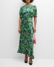 Saloni Vida-D Puff-Sleeve Floral Silk Midi Dress at Neiman Marcus