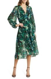 Sam Edelman Monstera Print Long Sleeve Midi Wrap Dress at Nordstrom