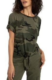 Sanctuary All Day Roll Sleeve Tie Front Cotton Blend Top in Hiker Camo Size X-Small at Nordstrom