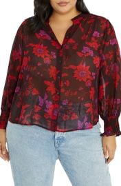 Sanctuary Starry Night Mandarin Collar Smocked Cuff Shirt in Night Wish  at Nordstrom